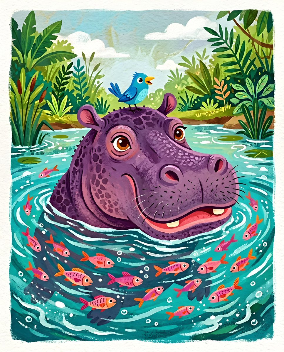 异想天开的紫色河马插画 生成效果示例