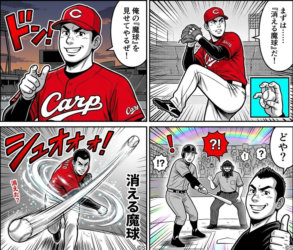 AI生成的四格漫画：消失的魔球 生成效果示例