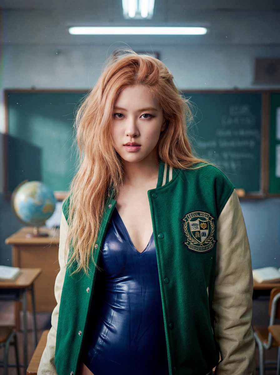 复古高中场景中 Rosé (BLACKPINK) 的电影肖像 生成效果示例