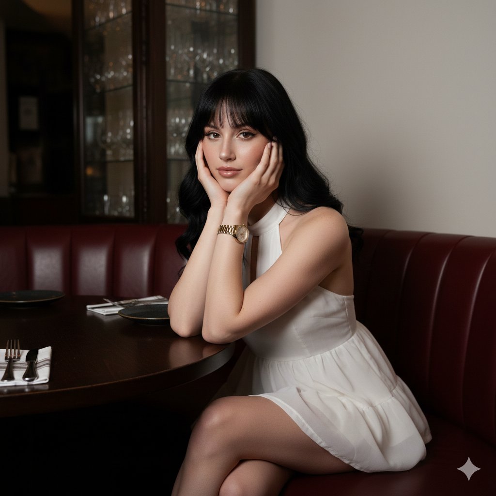 昏暗餐厅提示中的高对比度闪光肖像 生成效果示例