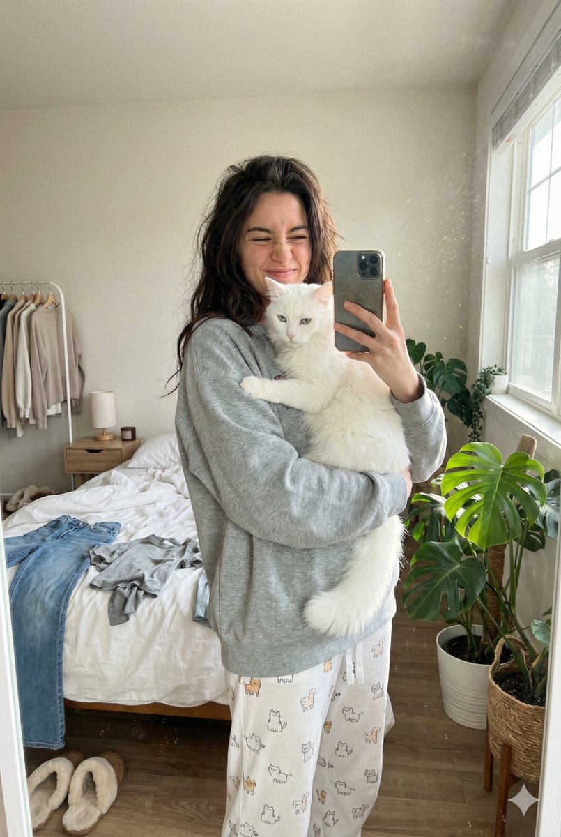 与毛茸茸的猫自然抓拍镜子自拍生成效果示例