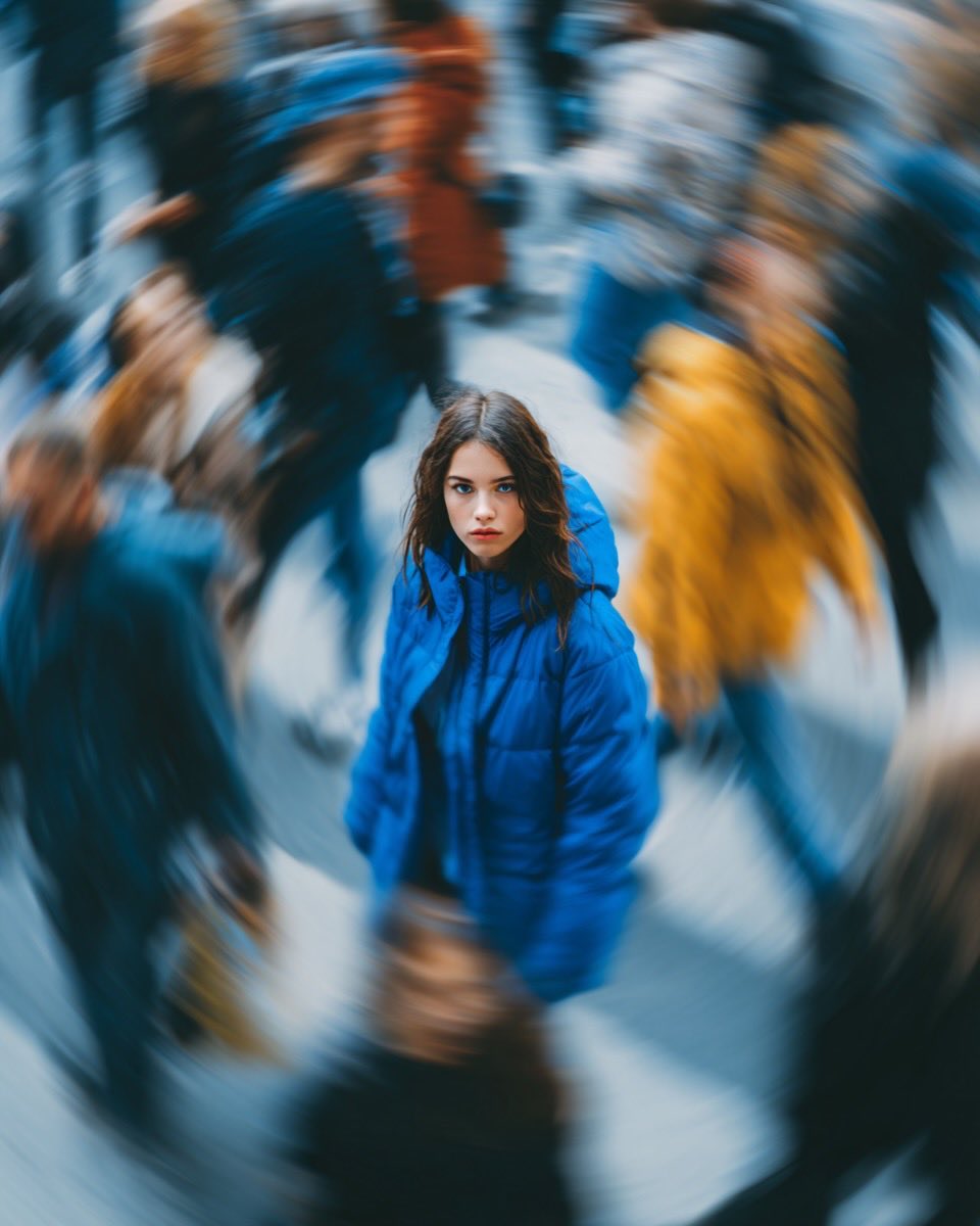 穿羽绒服的女人的电影街头肖像（3 种变化） 生成效果示例