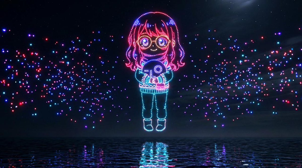 无人机艺术角色投影在夜海上空 生成效果示例