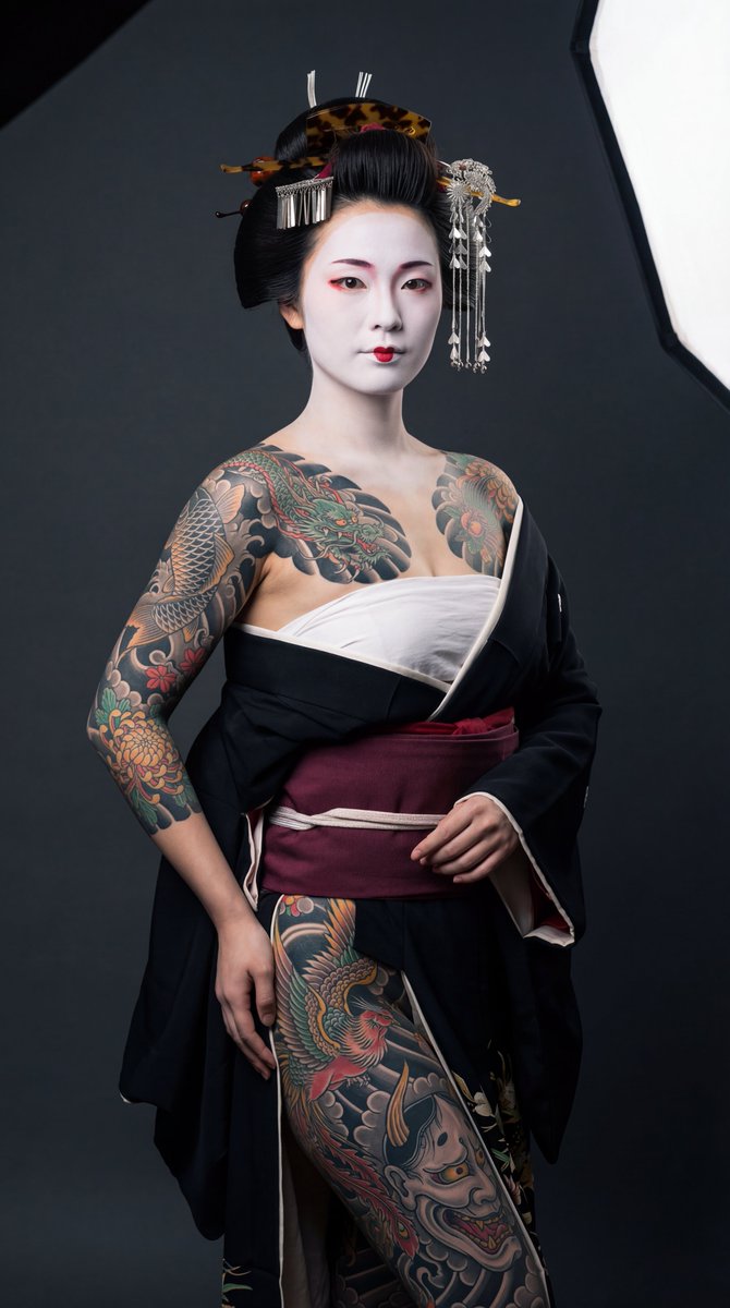 高对比度艺妓 Irezumi 肖像提示 生成效果示例