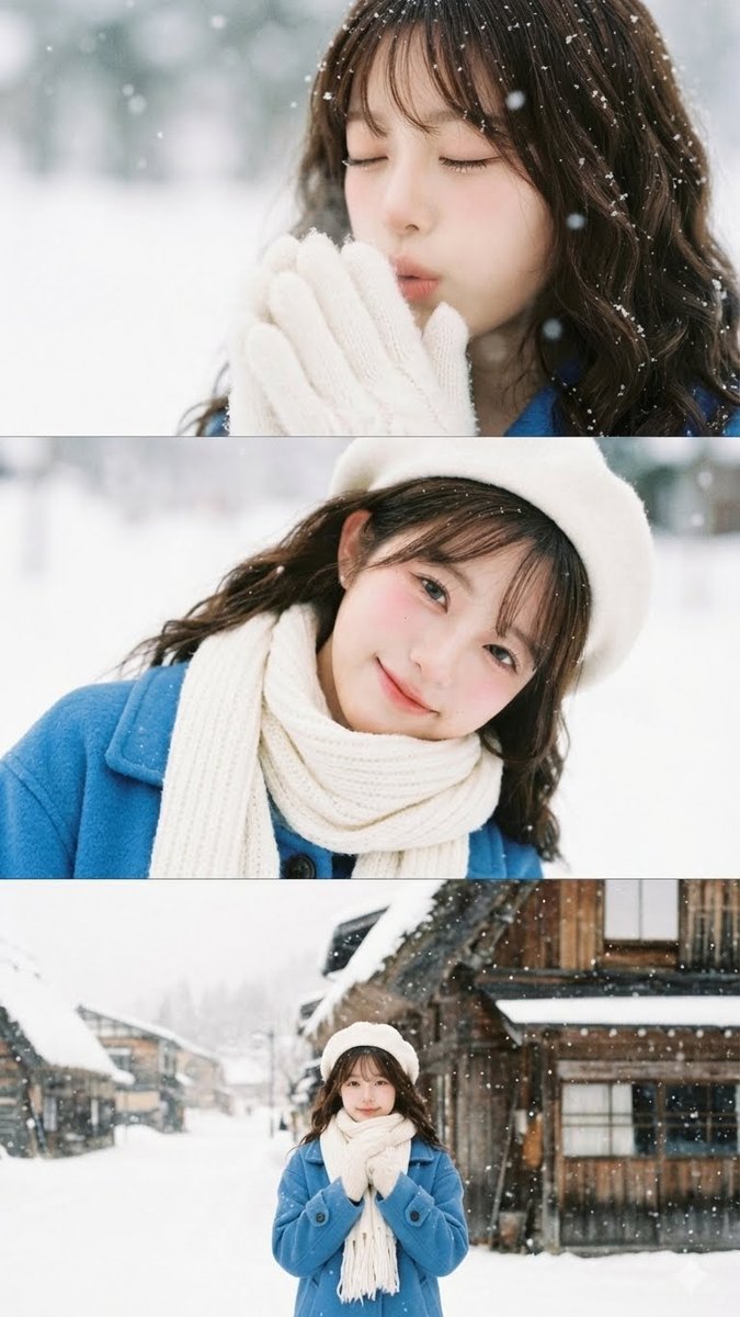 北海道白雪皑皑的亚洲女性的垂直胶片拼贴 生成效果示例