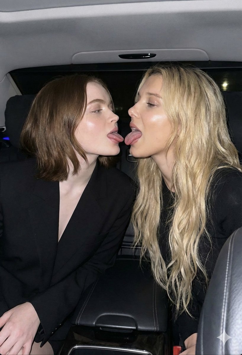 Sadie Sink 和 Millie Bobby Brown 自然抓拍闪光照片提示 生成效果示例