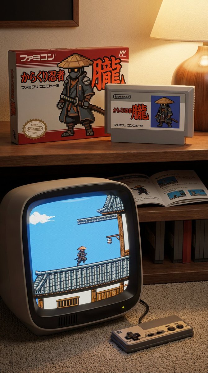 Famicom 游戏盒、卡带、说明书和 CRT 屏幕（日语） 生成效果示例