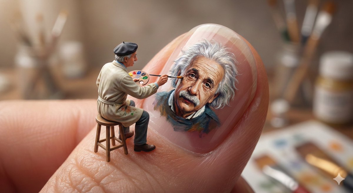微型艺术家在巨大的指甲上绘画 生成效果示例