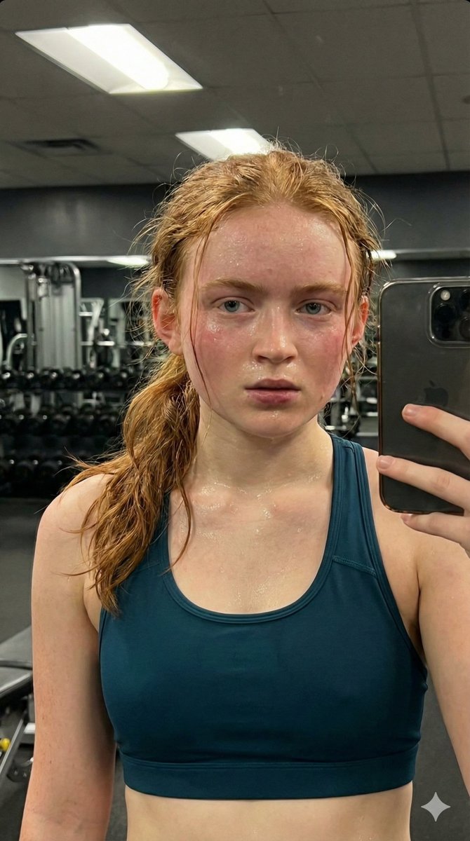 Sadie Sink 锻炼后自然抓拍自拍 生成效果示例