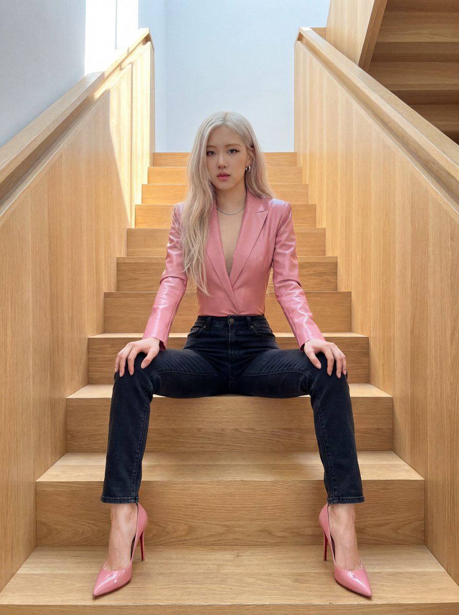 现代楼梯上的 Rosé K-pop 偶像肖像生成效果示例