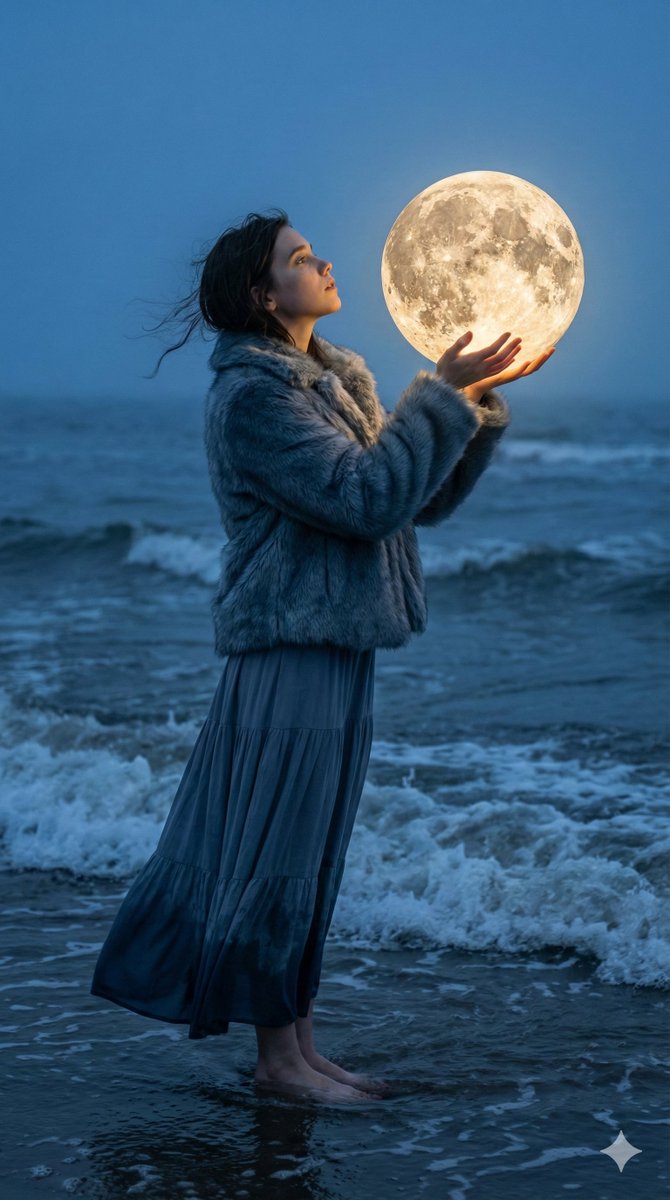 魔幻现实主义肖像：黄昏时持有发光月亮球的女人 生成效果示例