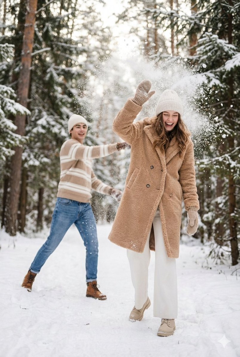 情侣扔雪的电影冬季场景提示 生成效果示例