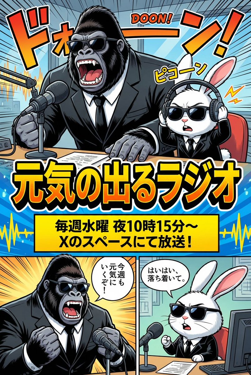 广播节目的广告漫画，有大猩猩和兔子 生成效果示例