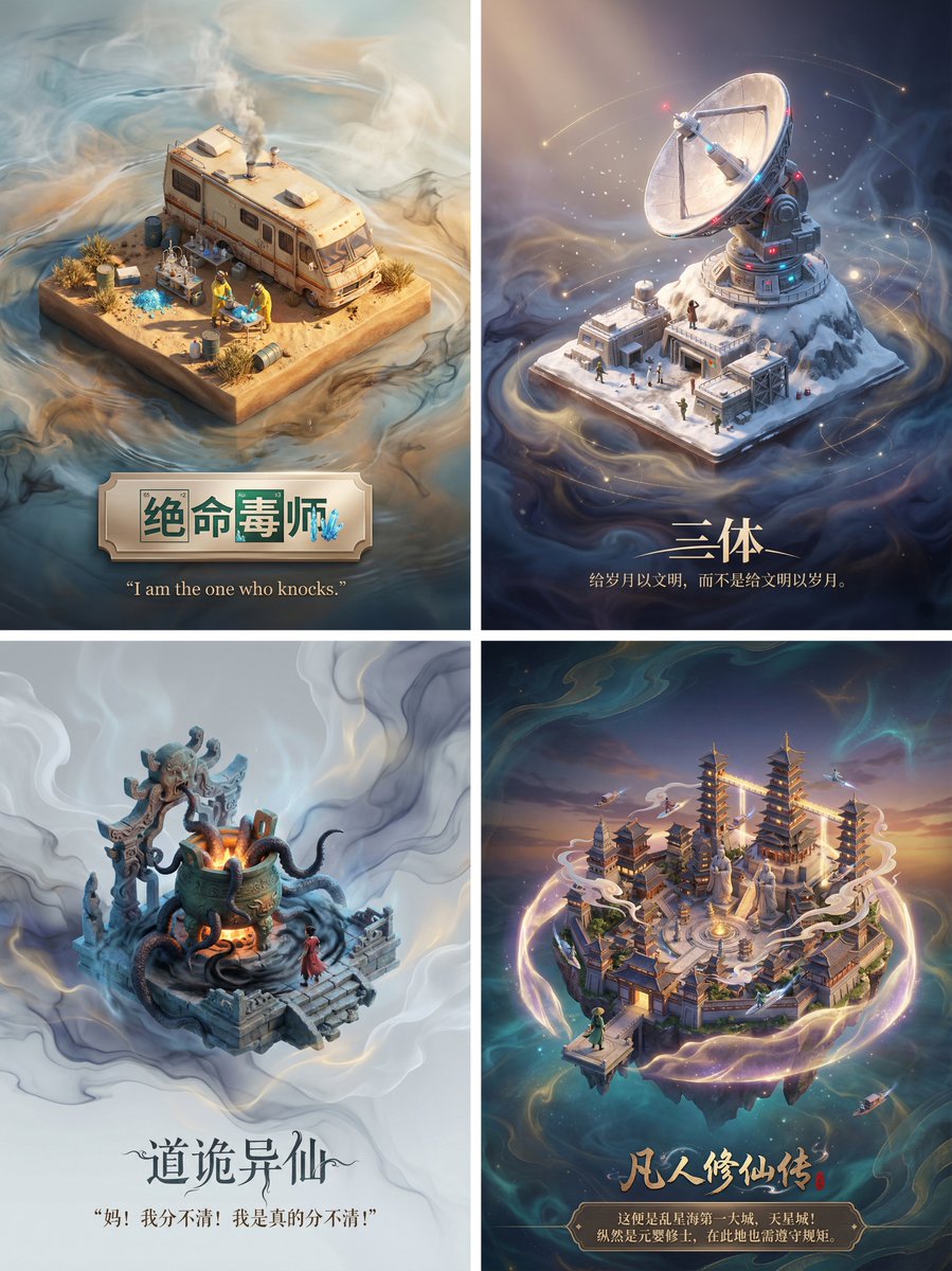 电影/小说场景的 3D 立体模型海报 生成效果示例
