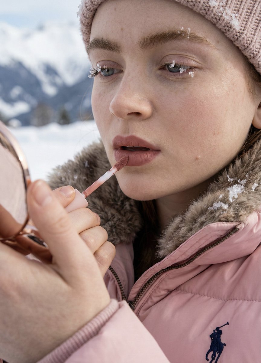 高保真质感测试：雪中带着凯莉唇妆的女孩生成效果示例