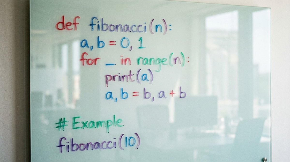 玻璃白板上的 Python 斐波那契代码 生成效果示例