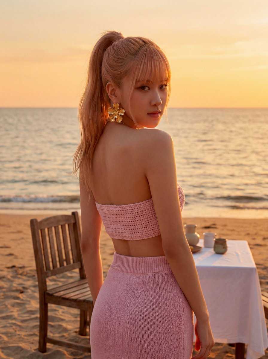 Rosé (BLACKPINK) 在日落海滩 生成效果示例