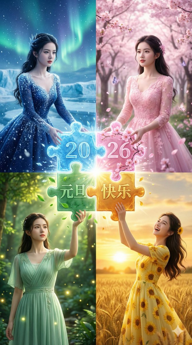 2026年新年贺卡的四个季节拼图 生成效果示例