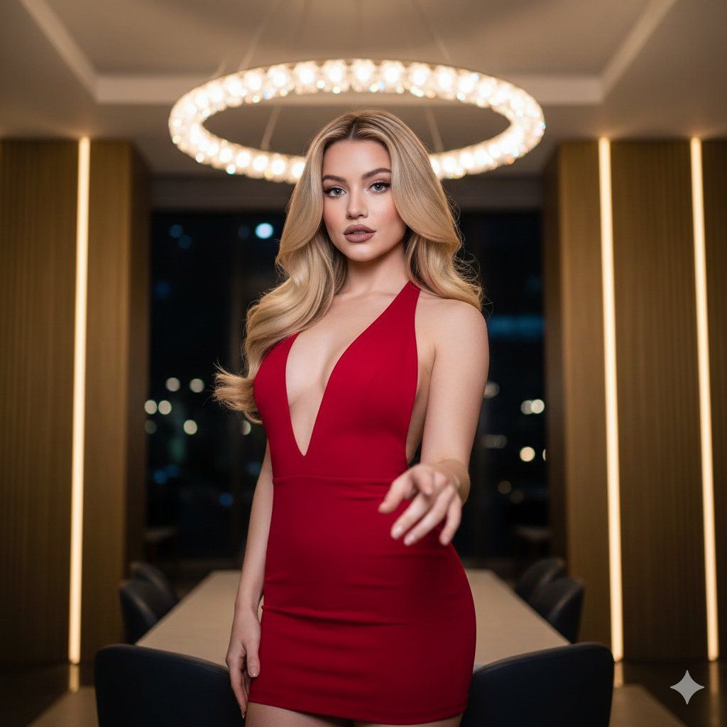 Sydney Sweeney 穿着红色露背迷你连衣裙社论 生成效果示例