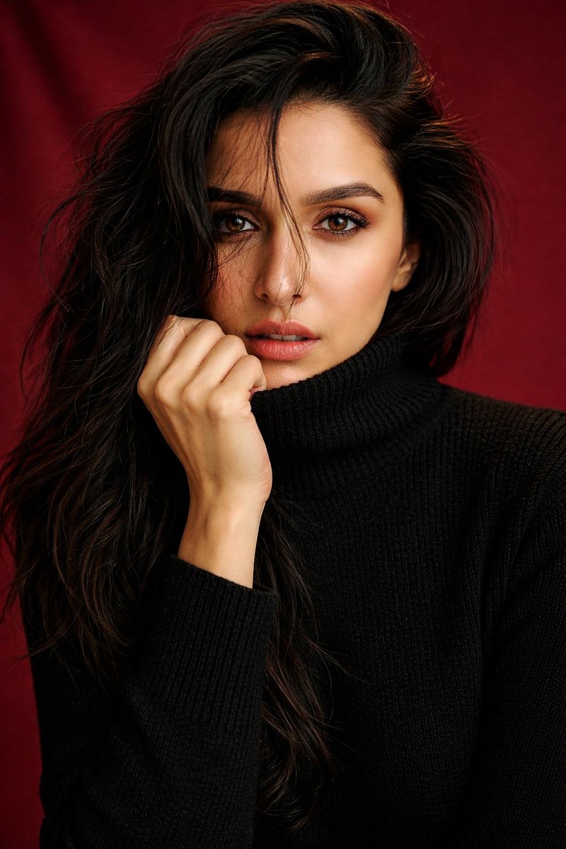 Shraddha Kapoor 黑色高领工作室肖像提示 生成效果示例