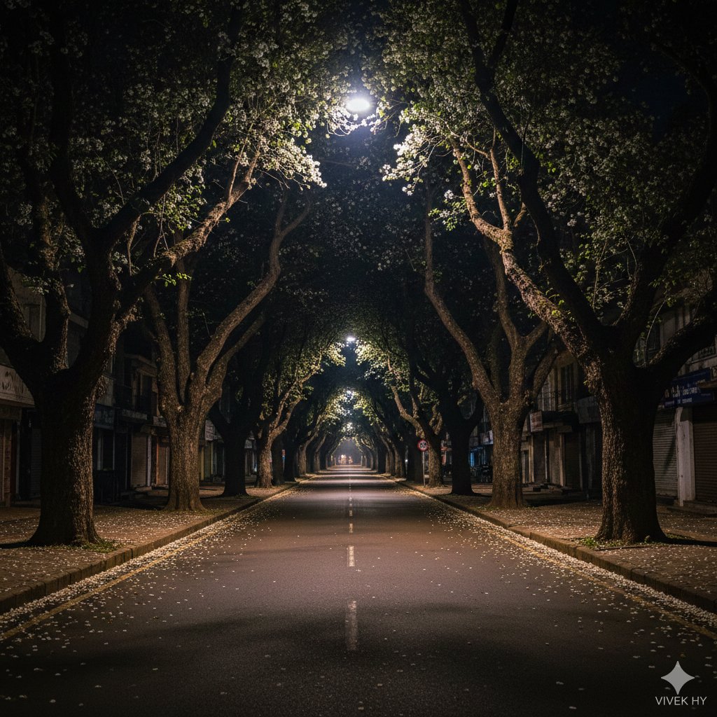 超写实花瓣夜景街景 生成效果示例