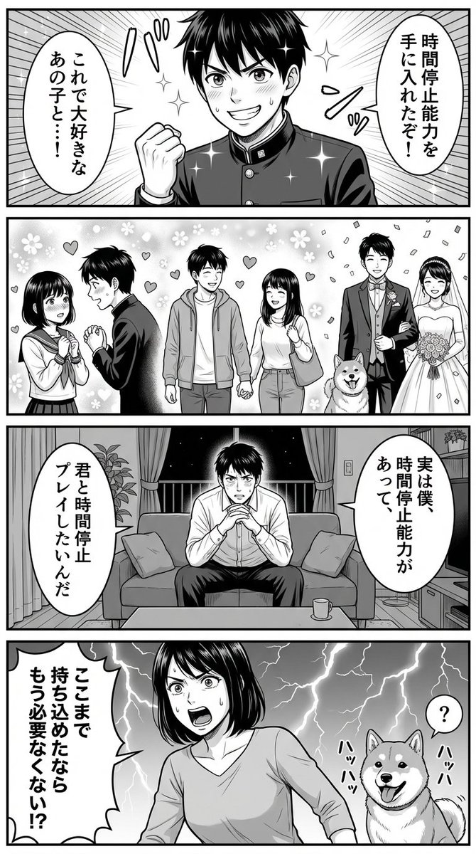 Nano Banana Pro 的四格漫画提示：时间停止喜剧 生成效果示例