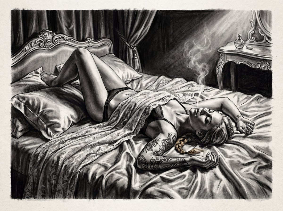 炭笔素描闺房肖像 4K 生成效果示例