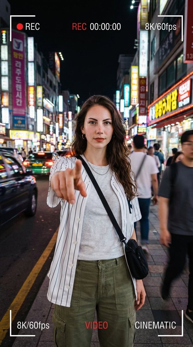 带有 UI 叠加的超现实城市夜景人像 生成效果示例