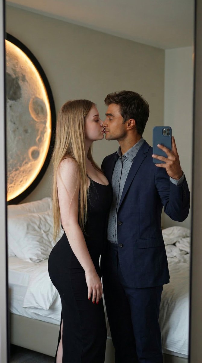 浪漫情侣镜子自拍亲吻生成效果示例