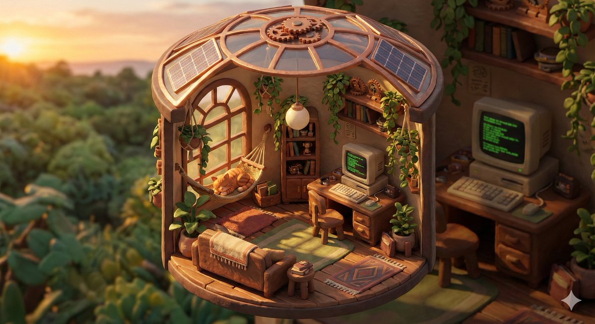 等距 Solarpunk 舒适房间西洋镜提示 生成效果示例