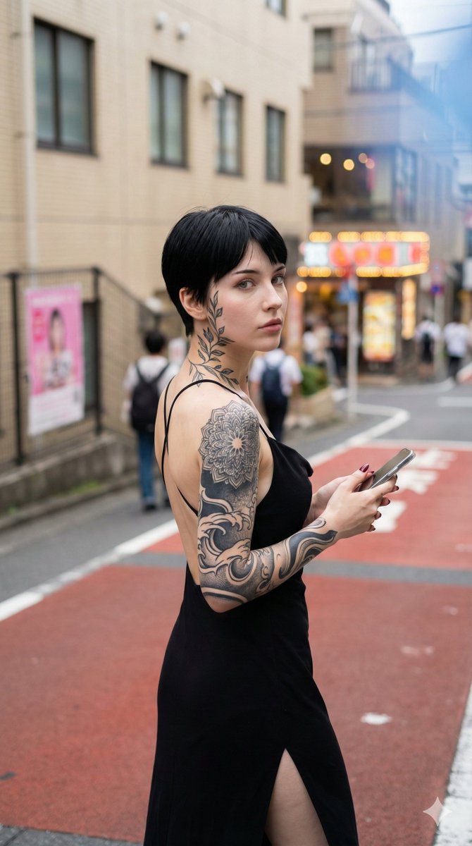 日本城市环境中纹身女性的逼真快照 生成效果示例
