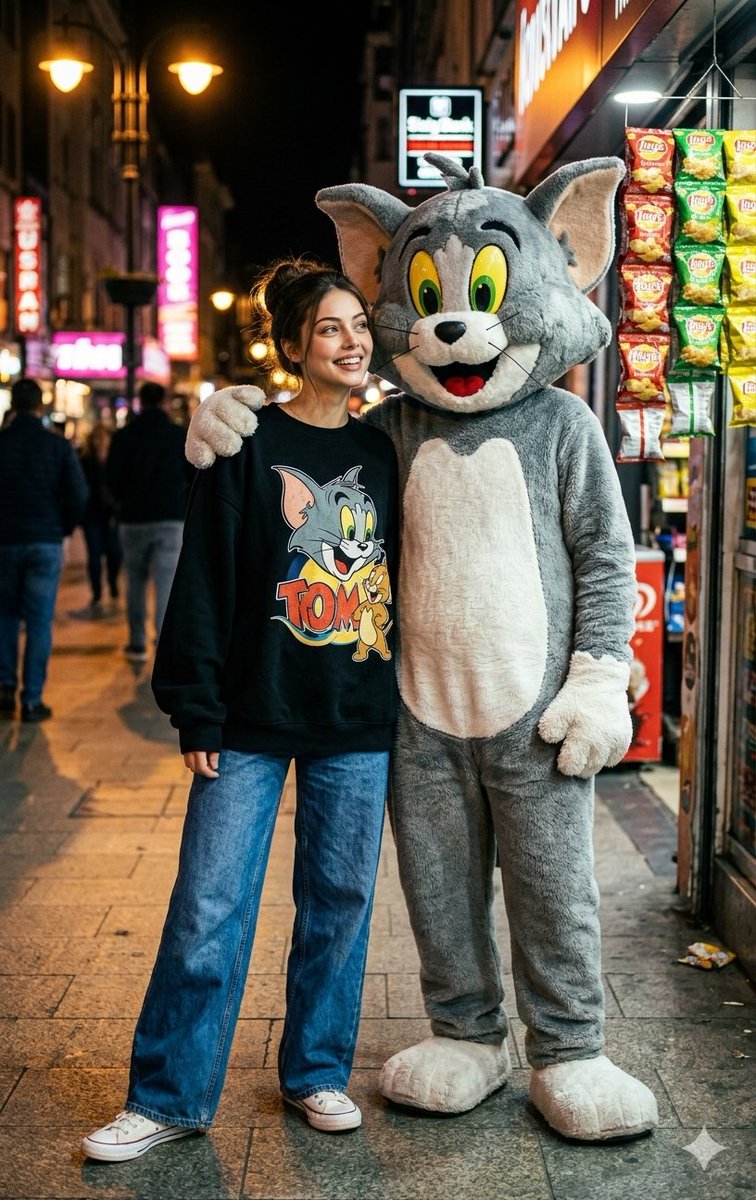 女人和猫吉祥物街头邂逅 生成效果示例