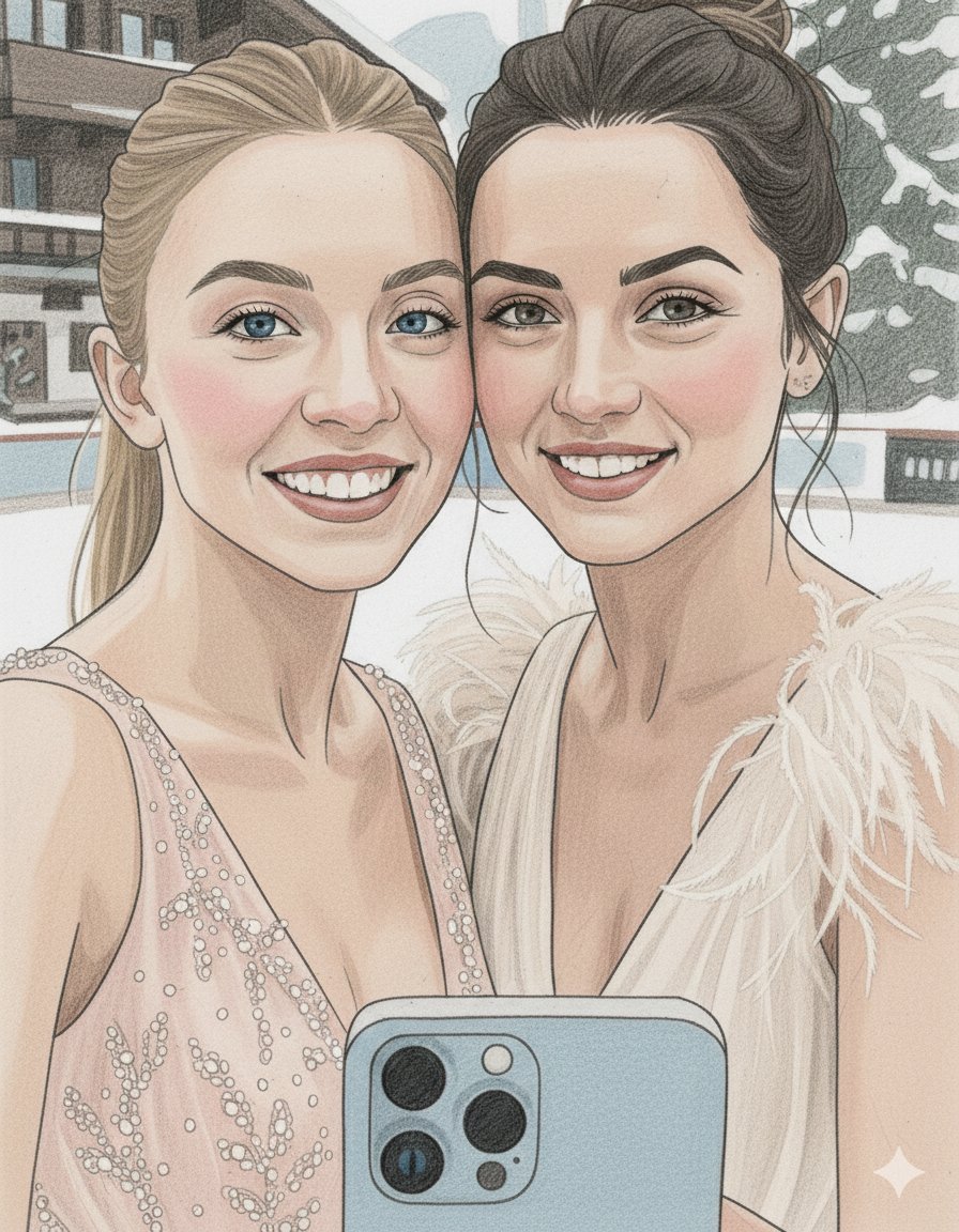 悉尼·斯威尼 (Sydney Sweeney) 和安娜·德·阿玛斯 (Ana de Armas) 自拍铅笔素描 生成效果示例