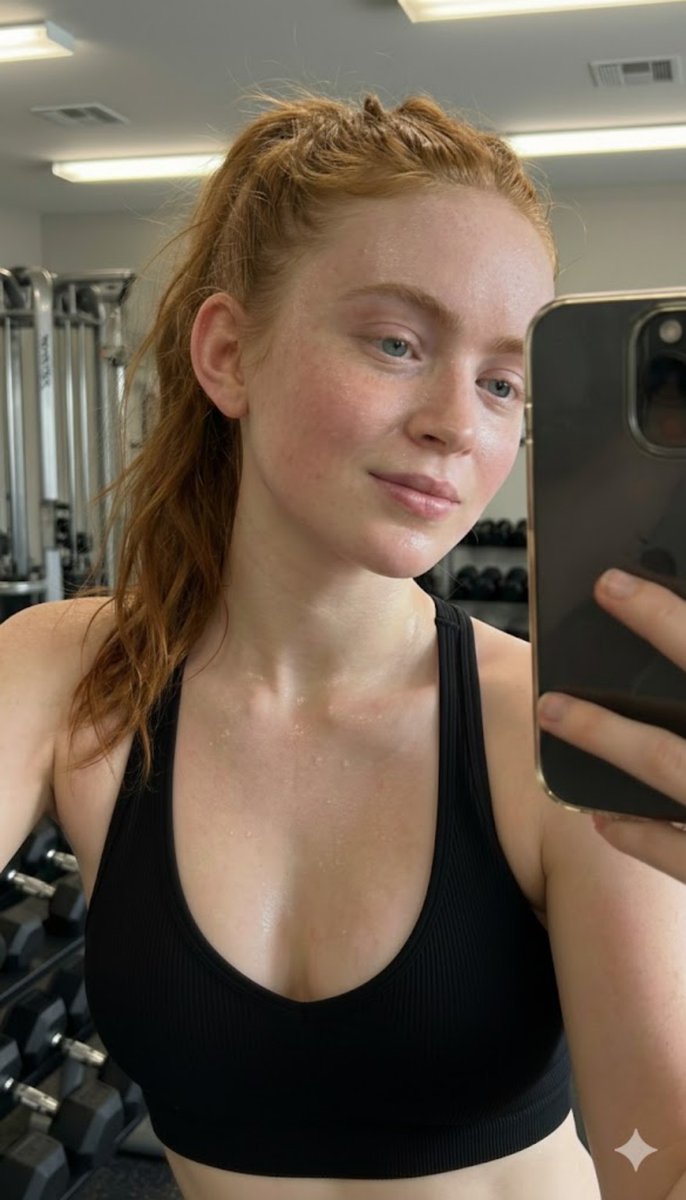 锻炼后对着镜子自拍肖像提示（Sadie Sink） 生成效果示例