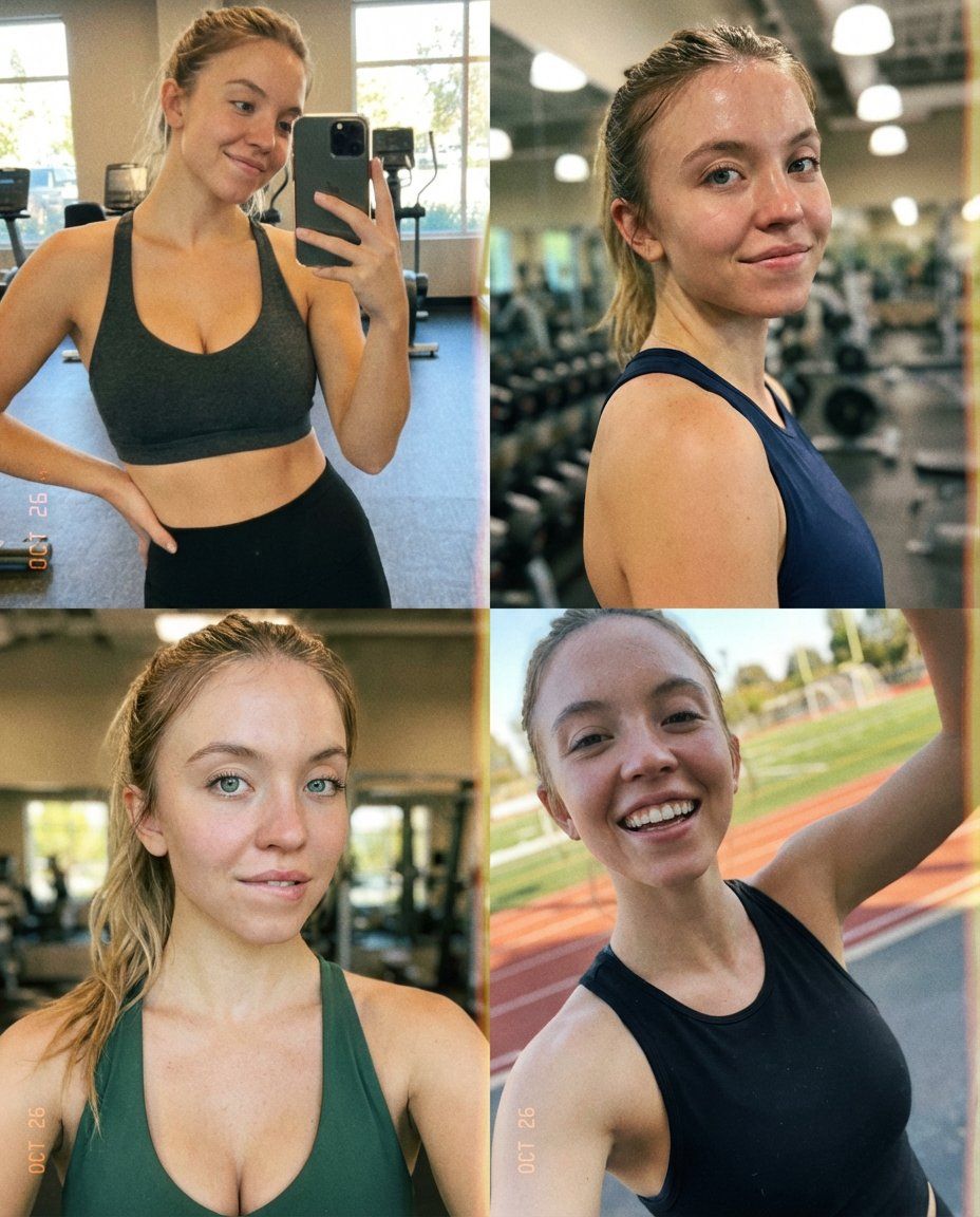 Sydney Sweeney 运动自拍拼贴提示 生成效果示例