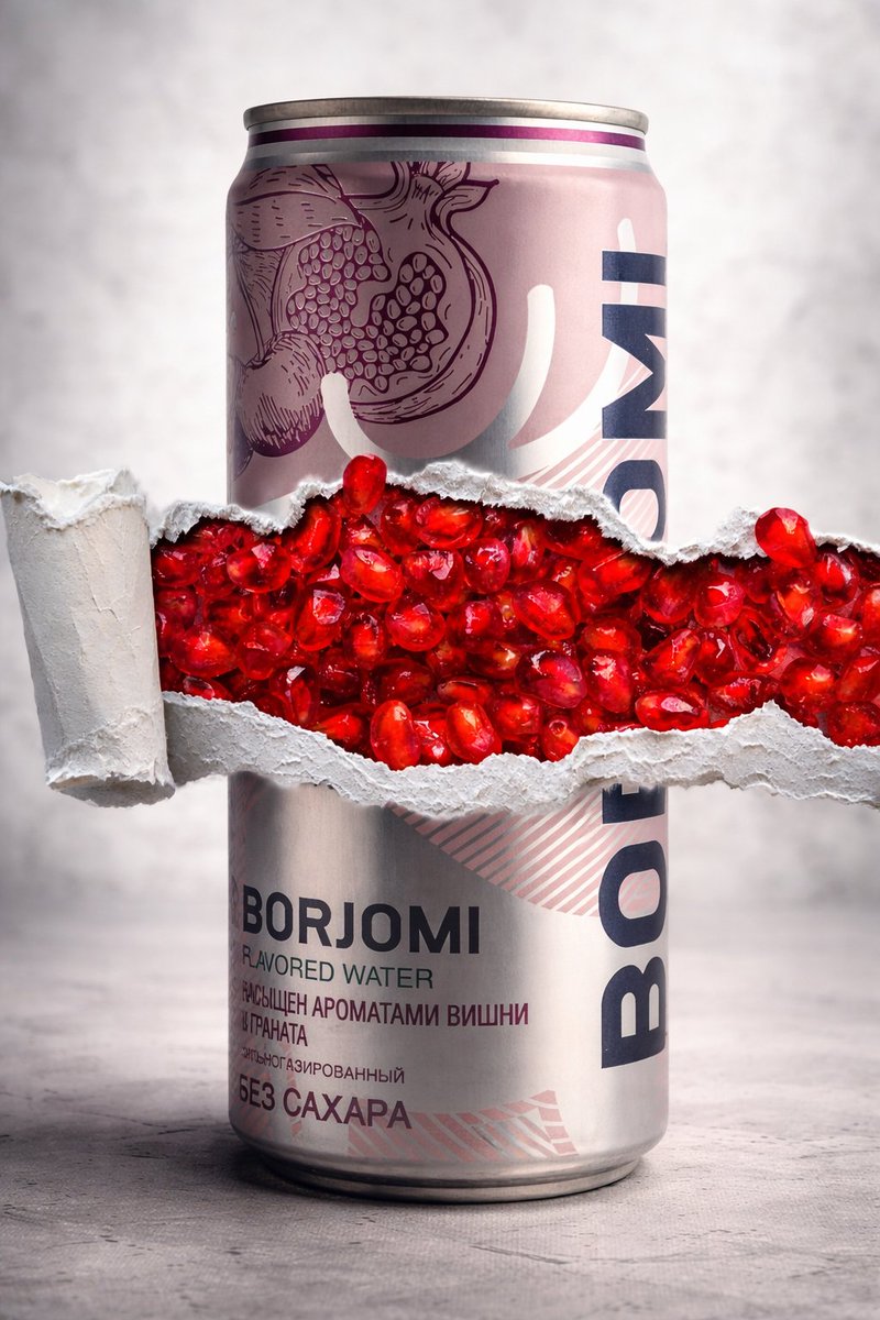 8K 产品摄影与概念剖面图 (Borjomi) 生成效果示例
