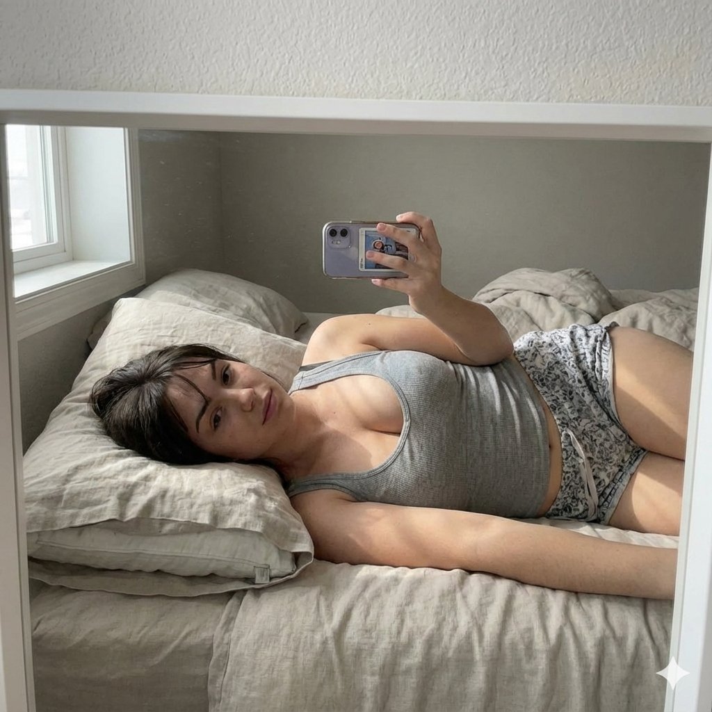 舒适的床上镜子穿着家居服自拍生成效果示例